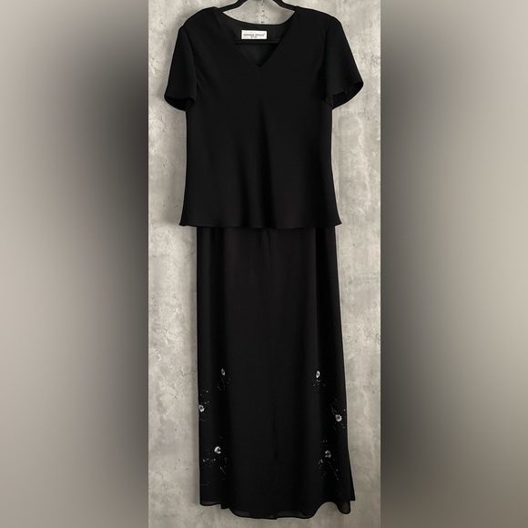 VTG Donna Ricco 2Pc Blk Evening Gown Blouse Chiffon Slit Overlay Skirt Dress S12 - Picture 10 of 13